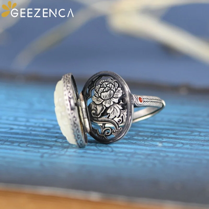 GEEZENCA 925 Sterling Silver Carved Jade Sizable Ring For Women Luxury Handmade Unusual Peony Flower Locket Openable Rings Gift