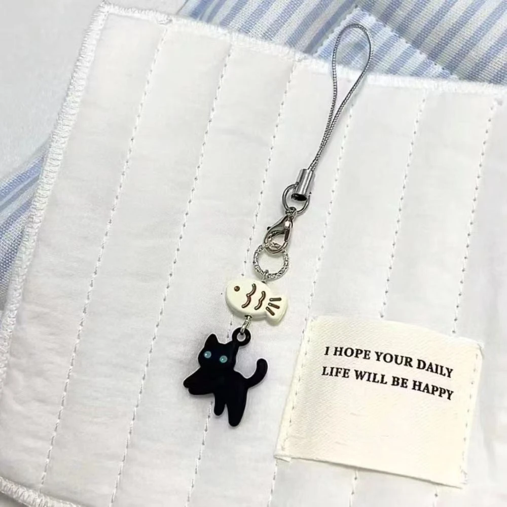 

Cute Black Cat Phone Charms Pendant Handmade Y2K Style Key Chain Accessories Cellphone Lanyard CCD Camera