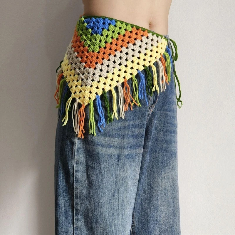 تنورة نسائية Y2k بوهيمية مجوفة يدوياً مثلث الحجاب تزيين شرابة الورك المئزر الطبقات الكروشيه ضرطة الستار