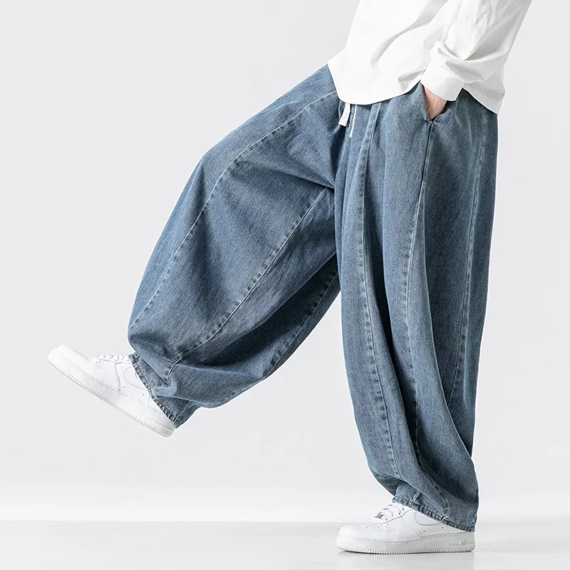 Vintage Loose Harem Pants Men Hip Hop Denim Wide Leg Pants Mens Solid Color Straight Streetwear Jeans Elastic Waist Trousers Man