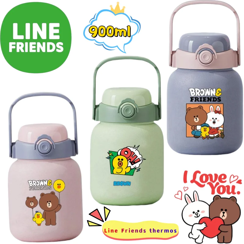 

New Line Friends Brown Cony Sally high-quality cartoon print thermos, large capacity, portable stainless steel dual drink cup
