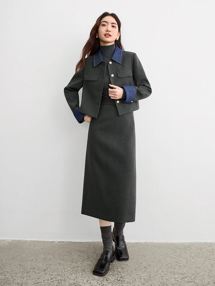 

SENTUBILA Women's Fashion 2 Piece Sets 2025 Winter Color Contrast Lapel Short Coat & High-Waist Skirt Office Outfits 154ZA3459