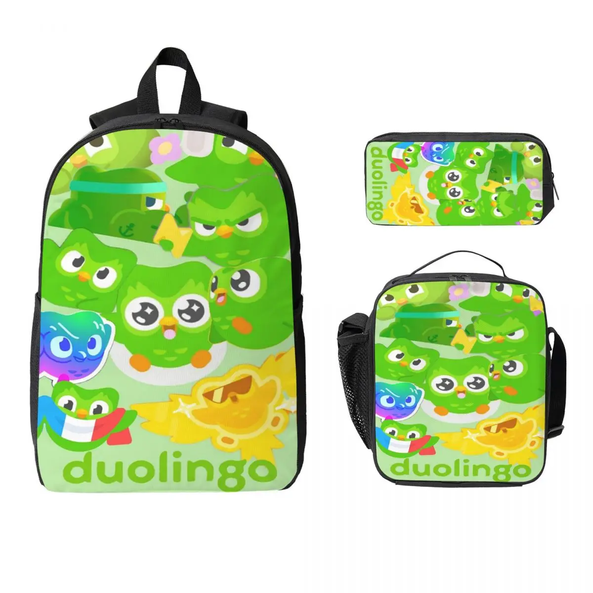 

Duolingo Owl Duo Backpack Student Boys Girls BookBag School Bag Computer Shoulder Bags 3ps Insulated Lunch Bag Pencil Case
