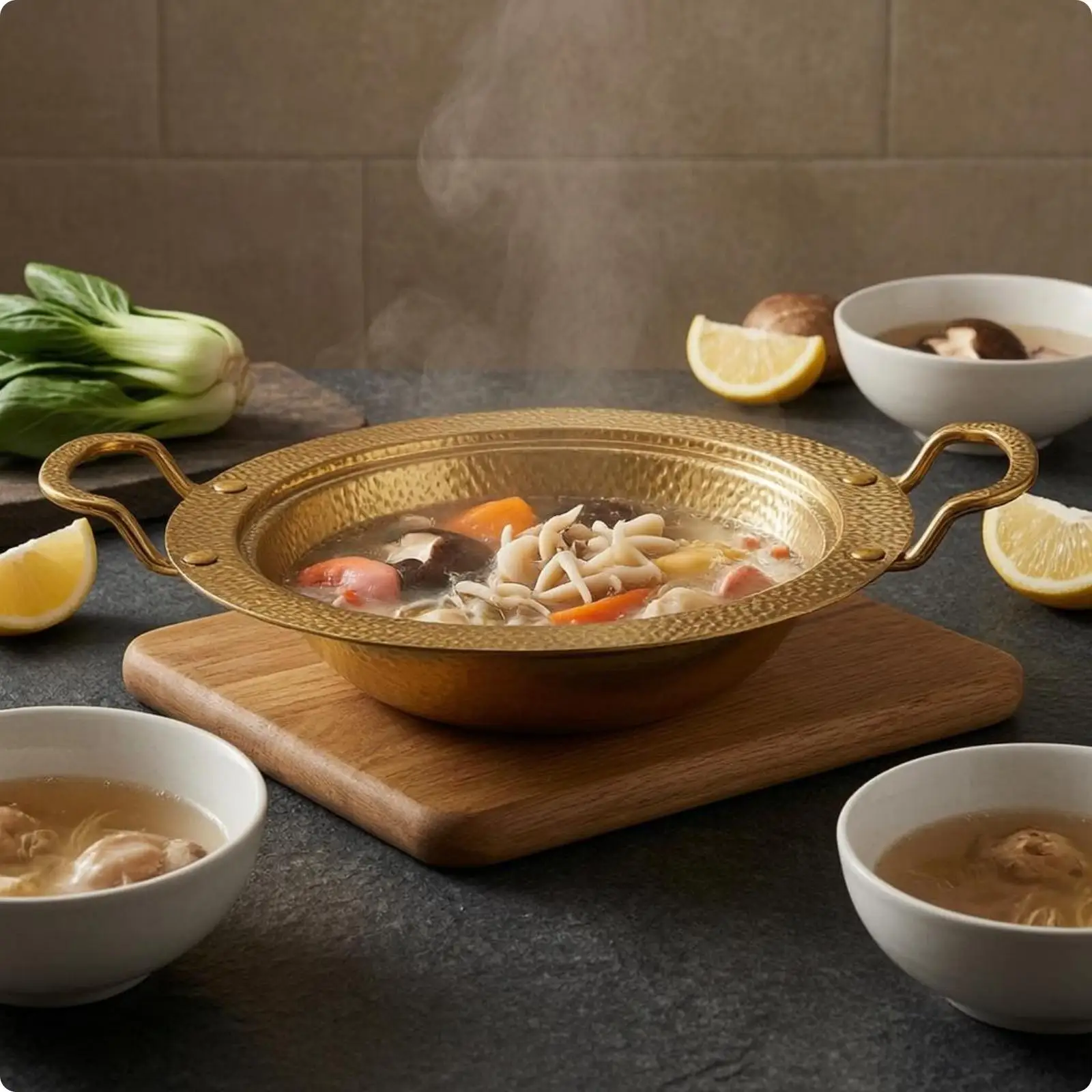 Hammered Texture Gold Cooking Pan Stainless Steel Serving Pot with Wide Rim for Shared Meals