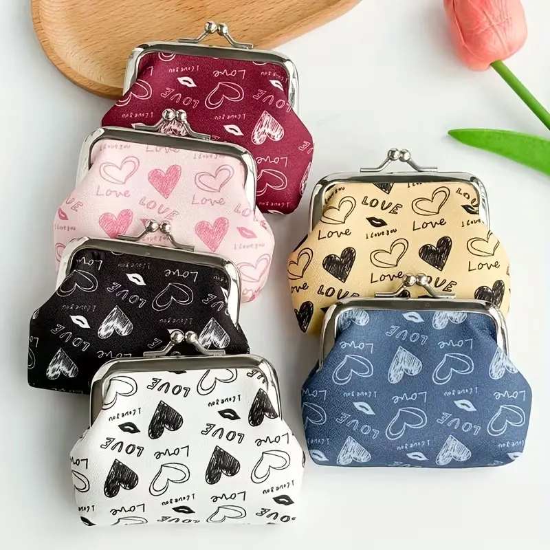 [Polyester Clip Coin Pouch] a Single Earphone Wallet Made of Polyester, with a Clip, Featuring a Coin Pocket and Heart-Shaped Letter Print, Lightweight, Suitable for Everyday Use as a Coin Purse
