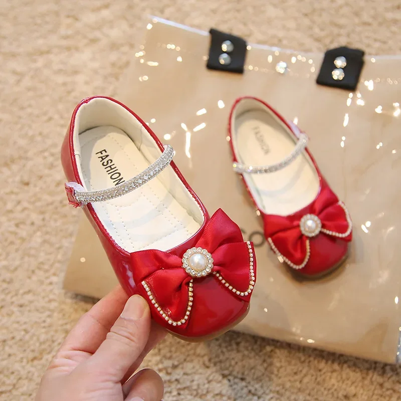 Girls Leather Shoes Spring Autumn Fashion Bow Sequins Pearls Princess Shoes Flat Heel Kids Girls Dancing Shoes