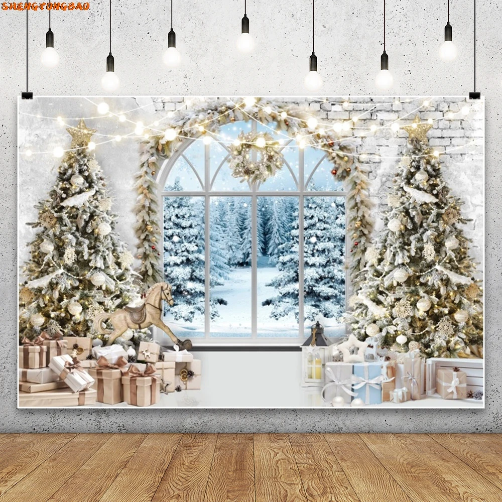White Snow Christmas Backdrop Xmas Tree Fireplace Interior Merry Christmas Winter Family Kids Portrait Photography Background