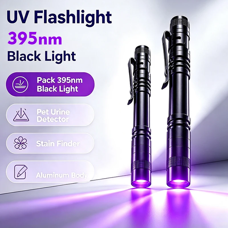 395nm UV Flashlight Ultraviolet Torch With Pen Clip Portable Violet Light Pet Urine Scorpion Detector UV Lamp Use AAA Batteries