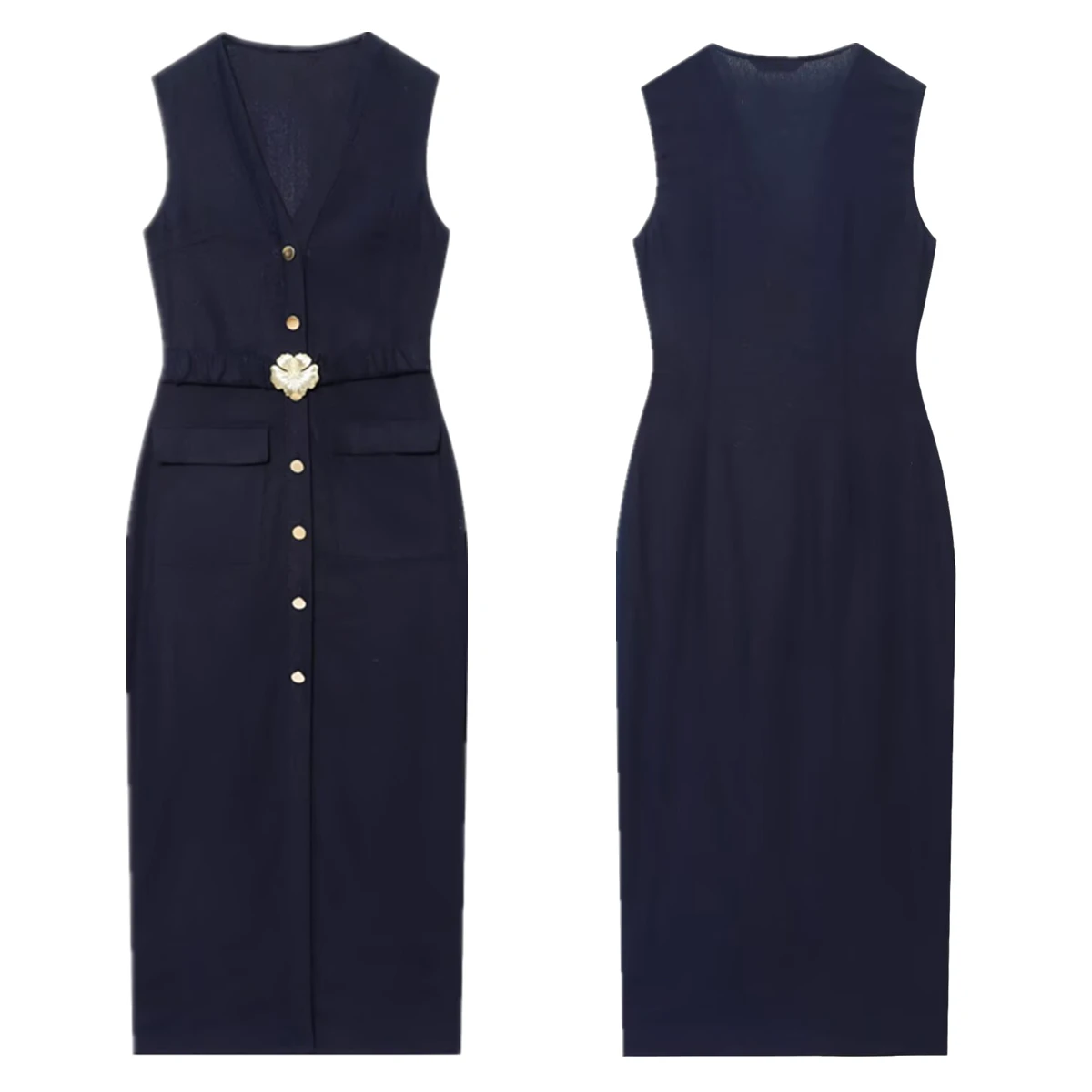 

Maxdutti French Office Ladies Lazy Navy Blue Slim Fit Dress Minimalist V-neck Single-breasted Midi Dress For Women Vestidos