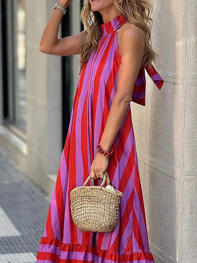 Striped Printing Sexy Fashion Party Dress, Women Summer Elegant Backless Simple Maxi Dress, 2024 Halter Sleeveless Ladies Dress