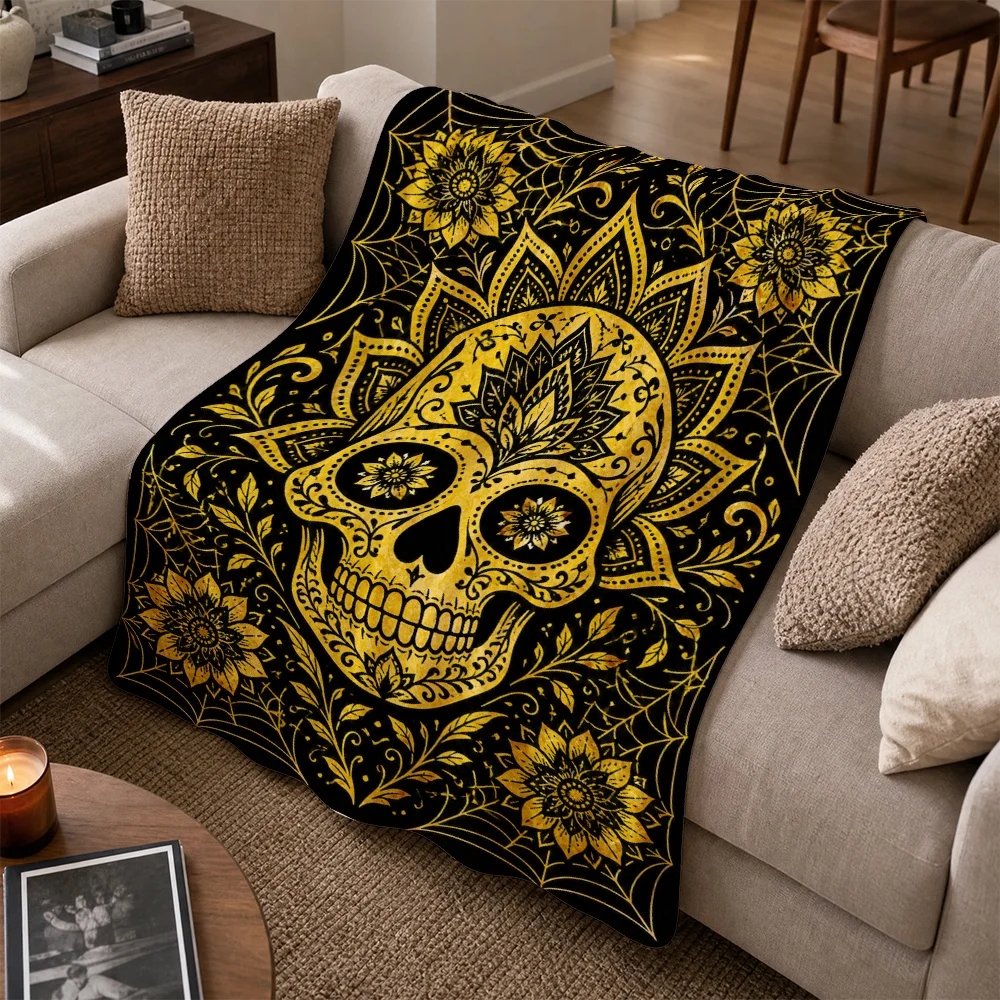Boho Skull Throw Blanket Gold Print Day of the Dead Mandala Sofa Throw Couch Cover Decorative Aztec Tapestry Fleece Throw