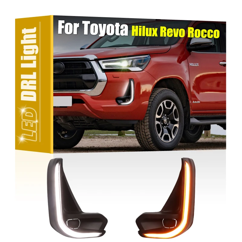 2Pcs Front Fog Lamp Cover Frame With LED DRL Daytime Running Light Dynamic Turn Signal For Toyota Hilux Revo Rocco 2020 2021