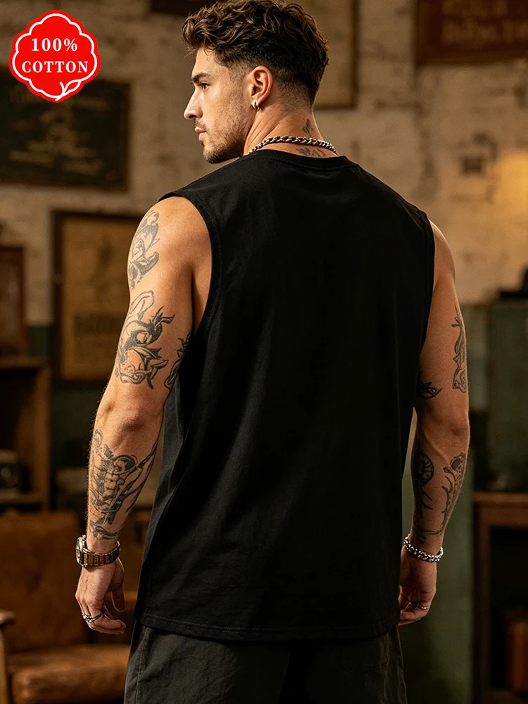 100% cotton men's summer sleeveless top Small Letter Strip Print Crew Neck Loose Fitness Tank Top Casual Sport Vest-T80