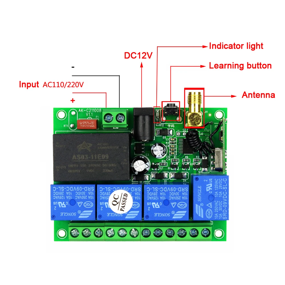 AC 100 110V 220V 4CH RF Wireless Remote Control Switch Radio Receiver With 2000M Long Distance Remote Controller Suckers Antenna