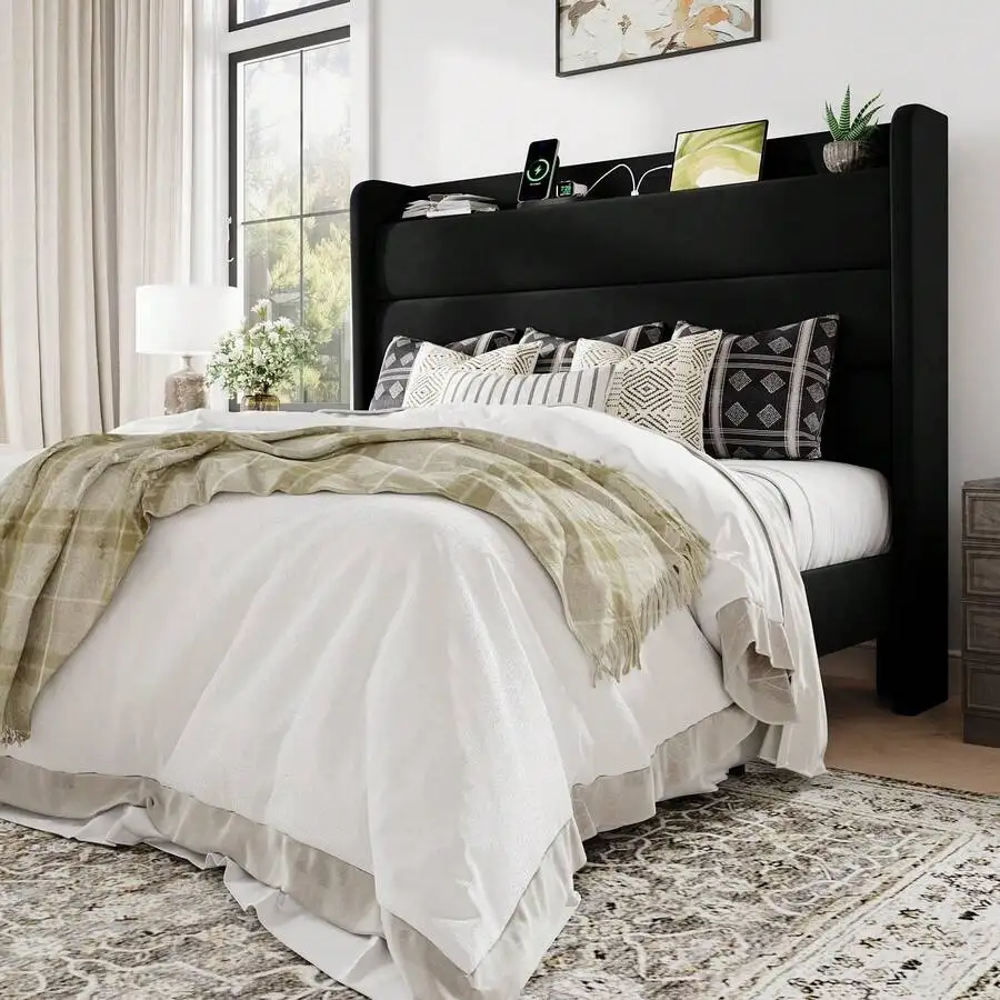 Full/Queen/King Size Upholstered Bed Frame With Charging Station & Storage Headboard, Soft Velvet Wingback Platform Bed, Strong Wooden Slats Support, No Box Spring Needed, Easy Assembly, Black