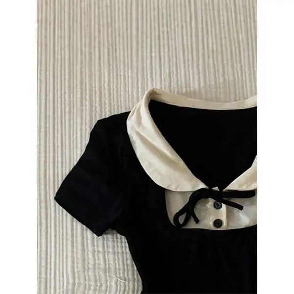 Vintage Peter Pan Collar Short Sleeve Tops for Women Y2K Korean Sweet Bow T Shirts Slim Fit Contrast Color Button Decor Tees New