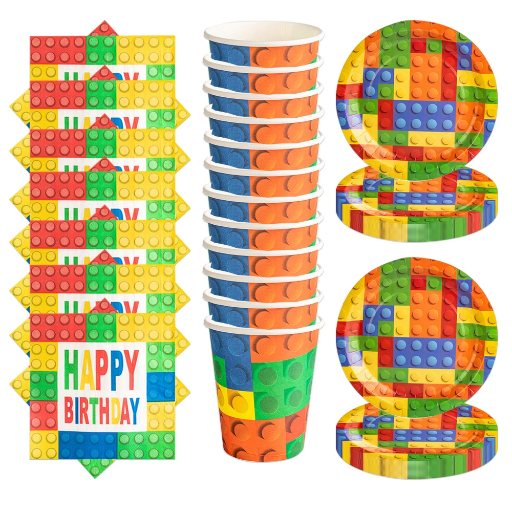 60pcs/lot Building Block Theme Napkins Kids Favors Cups Plates Happy Birthday Events Party Tableware Set Decorations Supplies