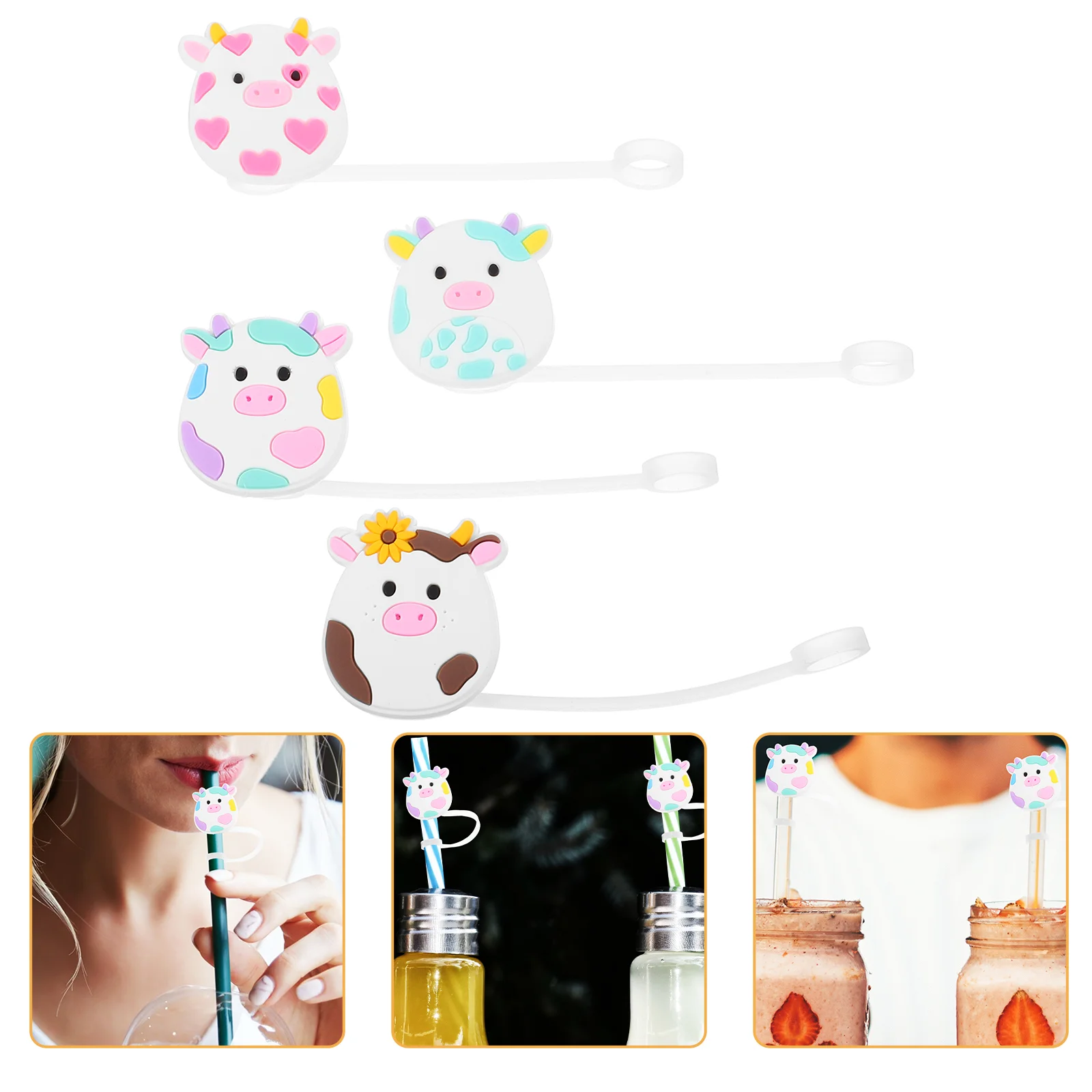 4 Pcs Straw Dust Cap Toppers for Tumblers Reusable Caps Shot Straws Covers Cute Plug Automatic