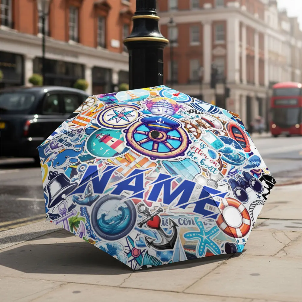 Custom Name umbrella, Nautical Adventure Print Fashion Folding Umbrella for Sunny and Rainy Days, Christmas Gift