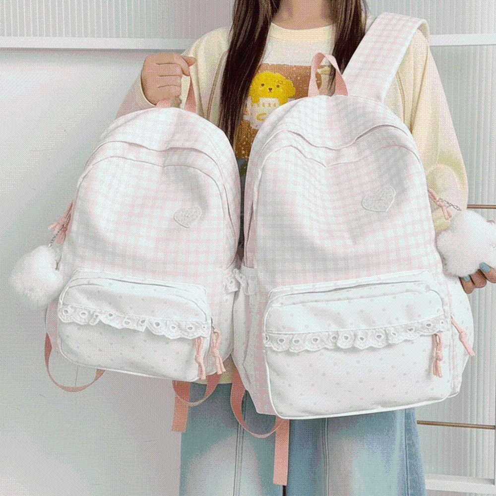 Korean Style Gingham Backpack Ruffle Design Pastel Colors Lace Schoolbag Polka Dot Lightweight Plaid Daypack Middle School