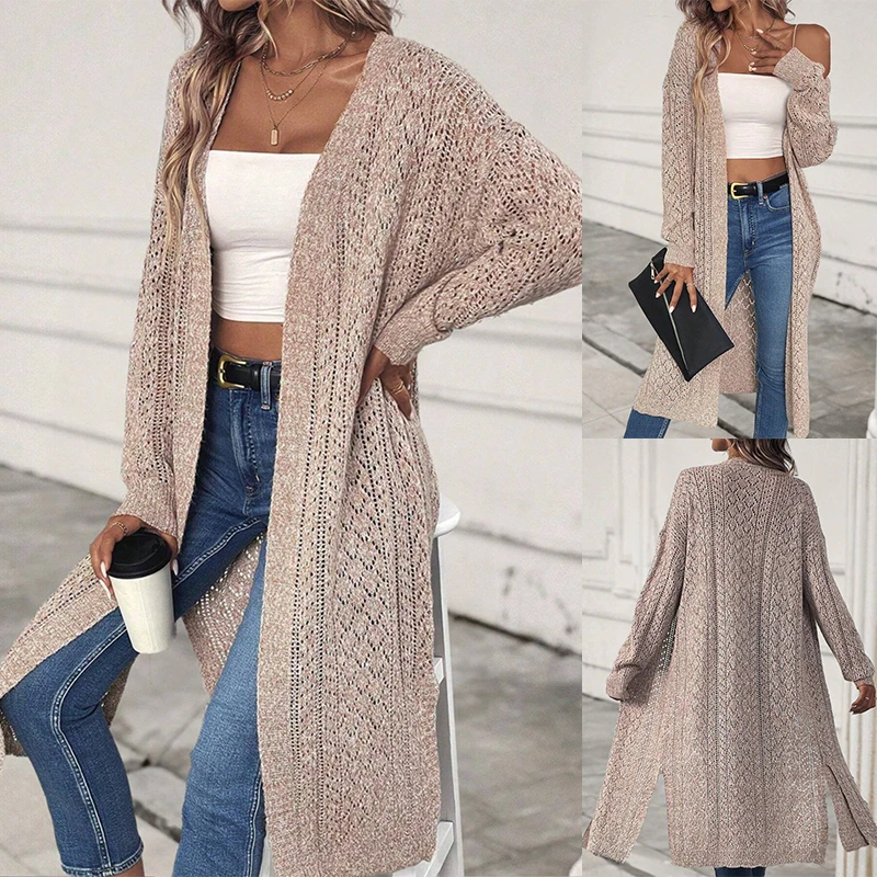 

Женский свободный вязаный свитер, однотонный, с открытой передней частью и полым дизайном, повседневная модная верхняя одежда для женщин