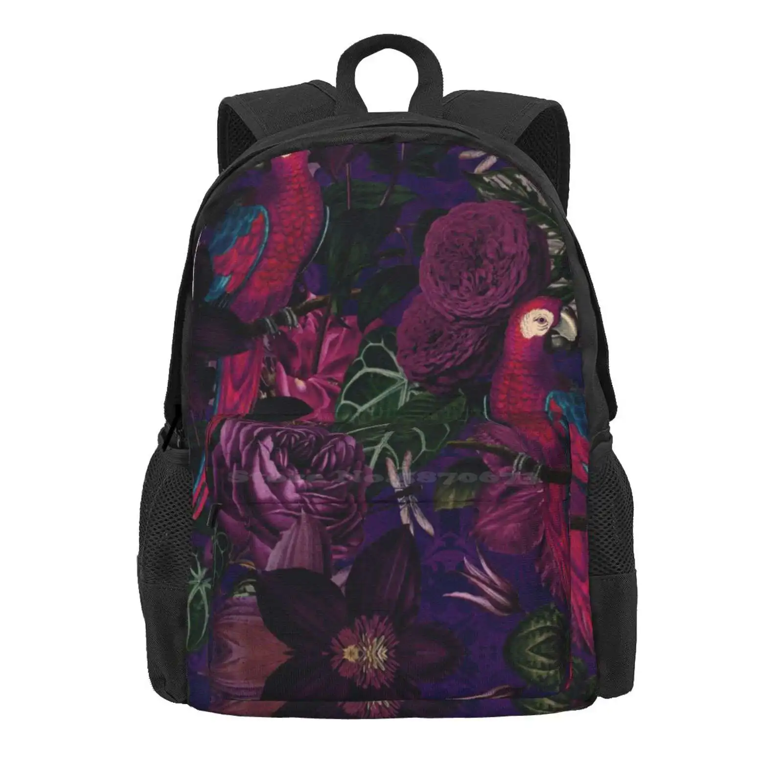 Midnight Jungle Bird Tropical Paradise Vintage Botanical Illustration Hot Sale Schoolbag Backpack Fashion Bags Flower Dark