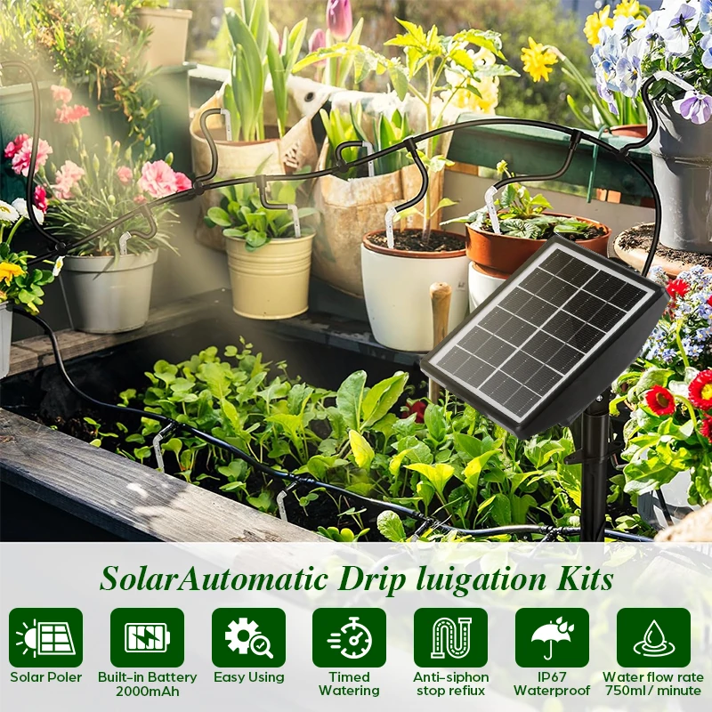 Solar Powered Automatic Drip Irrigation System Kit - Self Watering Devices with Timer, Suitable for Patio, Balcony, Greenhouse