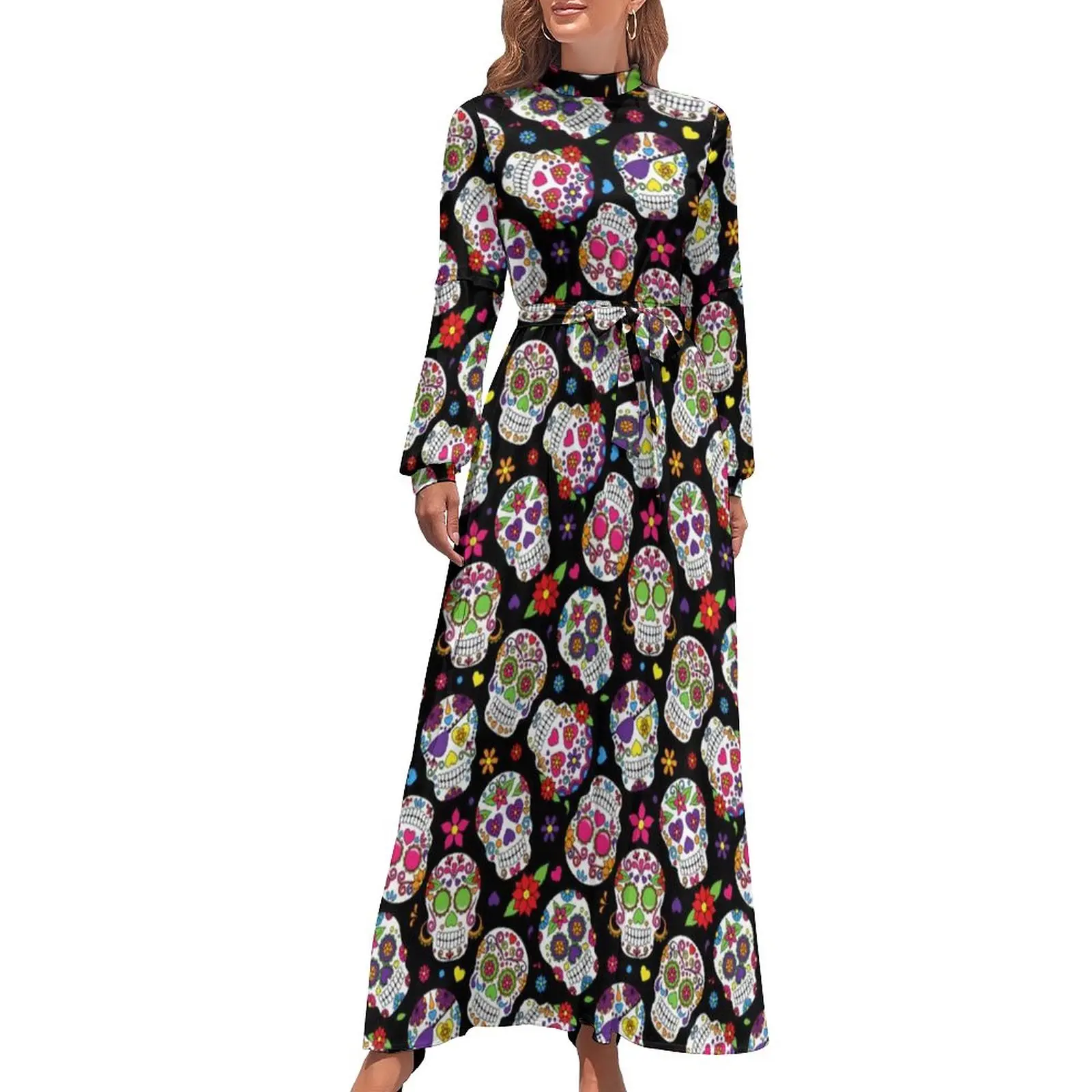 Mexican Sugar Skull Dress Colorful Skulls Floral Print Aesthetic Boho Beach Dresses Long Sleeve High Waist Cute Long Maxi Dress