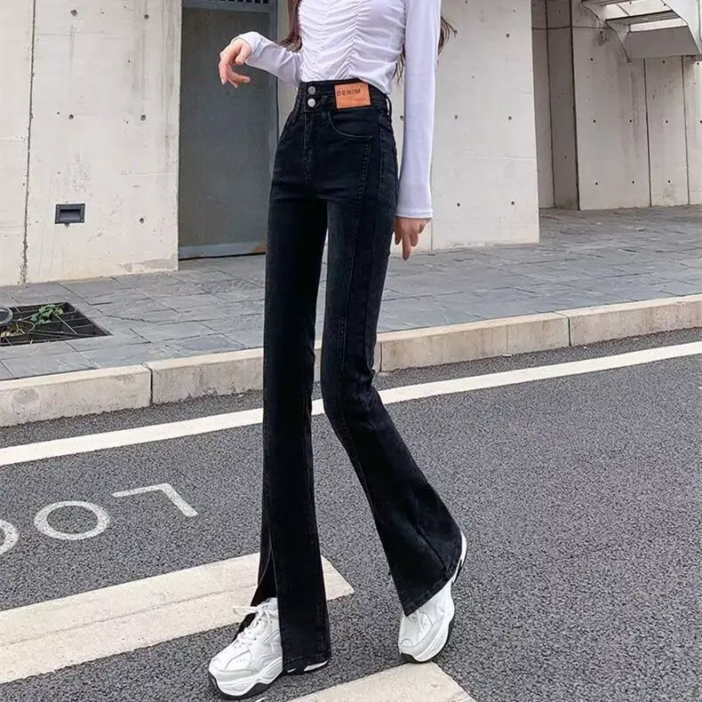 

Джинсы с высокой талией и широкими штанинами, женские джинсы с разрезом, весна-осень-зима, свободные утягивающие бедра, расклешенные длинные брюки