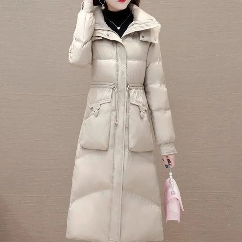 Down Cotton Hoodies Parkas Women Slim Show Off Weight Fashion Western Style Drawstring Corset Thicken Winter Over the Knee Coat