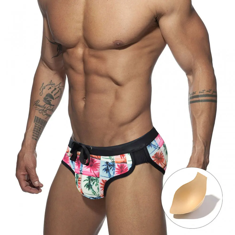 

Men's printed foreign trade bikini low waist cross-border briefs coconut tree jiugongge swimming trunks with cup size