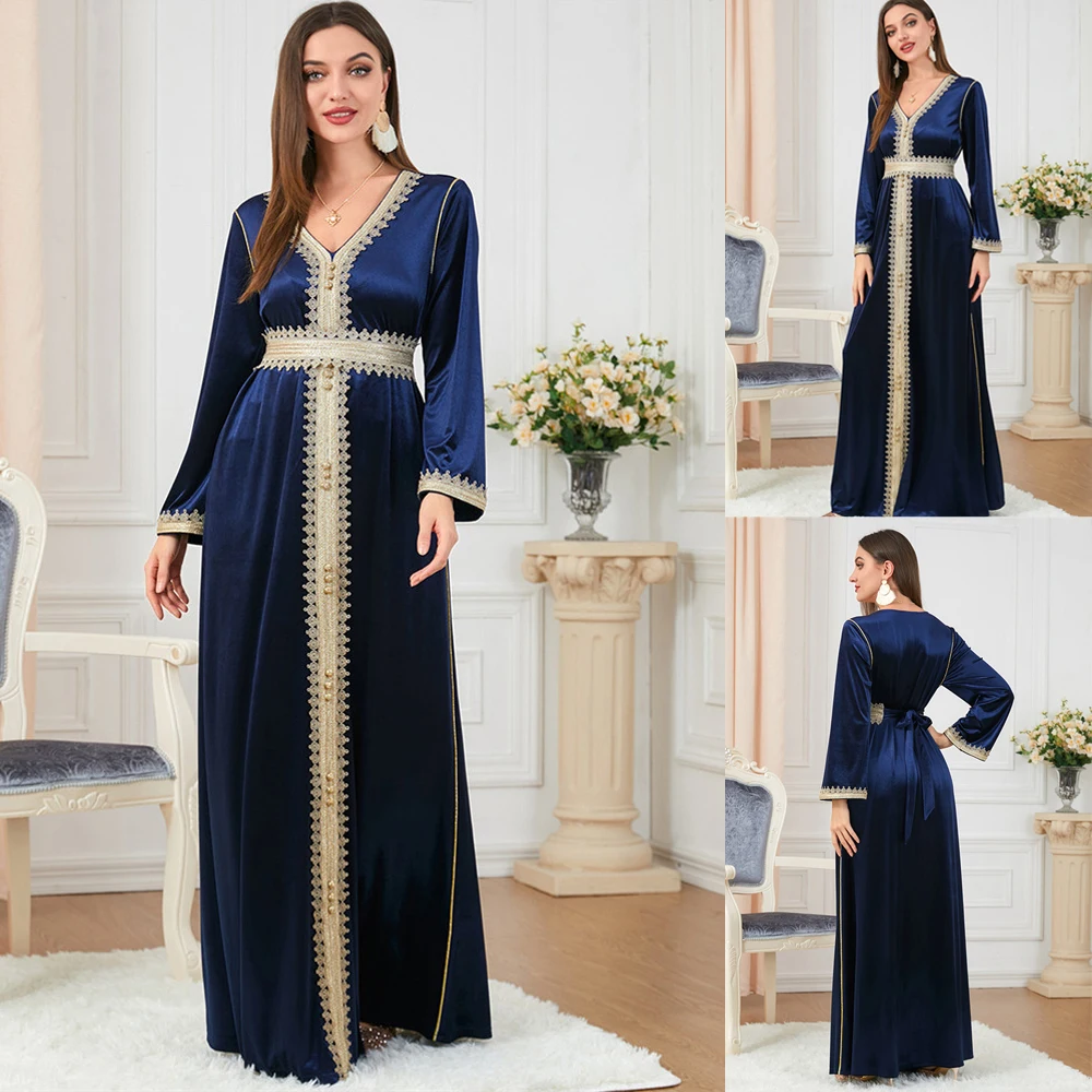 

Muslim Women Party Evening Embroidery Gown Islamic Abayas Arabic Middle East Velvet Long Dress Ramadan Luxury Jalabiya Caftan