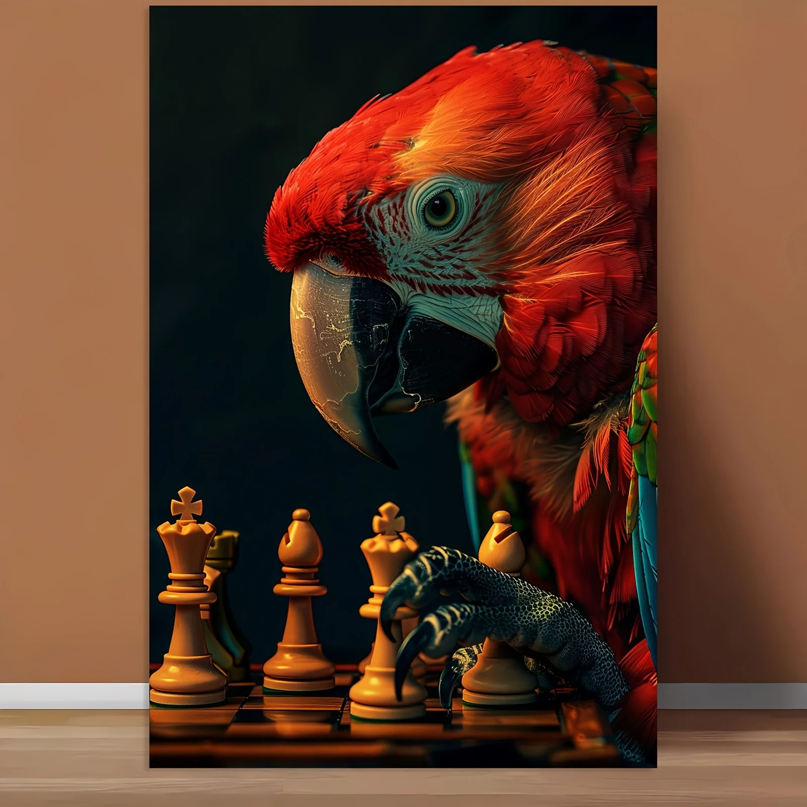 12x18 Inch Frameless Canvas Parrot Chess Art - Vibrant Red Parrot Playing Chessboard with Detailed Feathers, Perfect for Bedroom