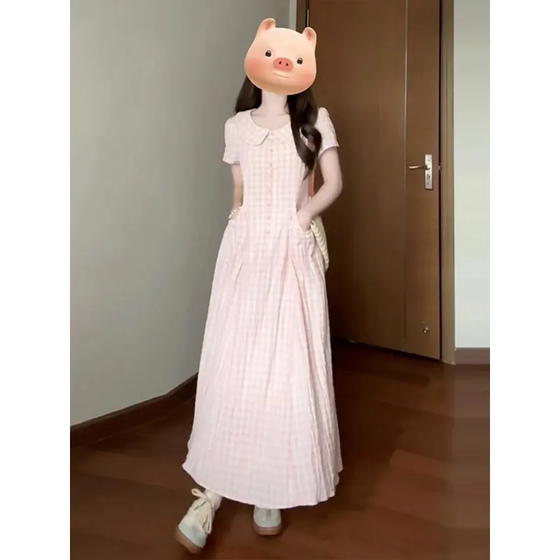 Women's Pink Gingham Peter Pan Collar Midi Dress Casual Short Sleeve Button Front Pleated A-Line Long Dresses view 3