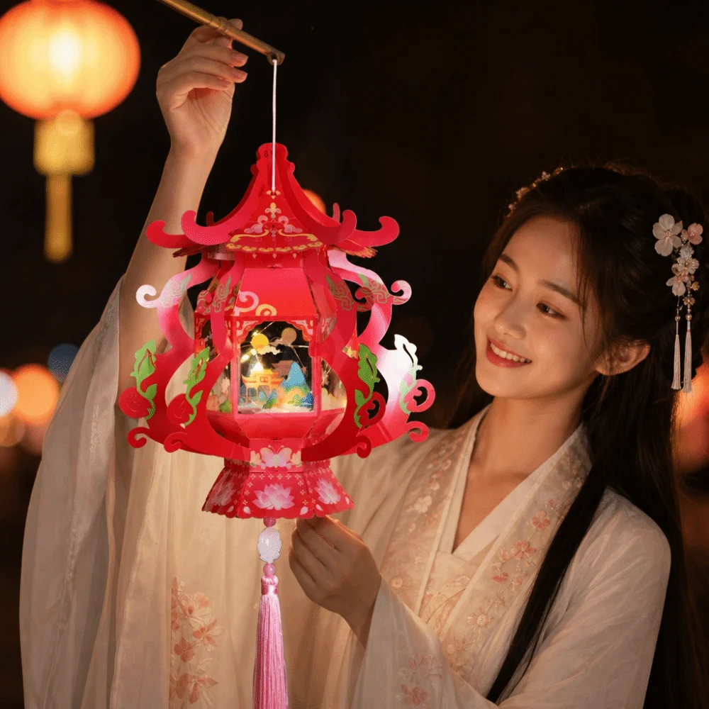 Ancient Style Mid-Autumn Festival Lantern Chinese-style Luminous Projections Pagoda Design Lantern Handmade Hanging Decoration
