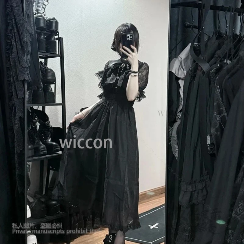 

New Japanese Style Sexy Dress Women Y2K Jirai Kei Outfits Bow Tie Lace Lolita Fashion Sleeve Slimmer Long Dress Party Halloween