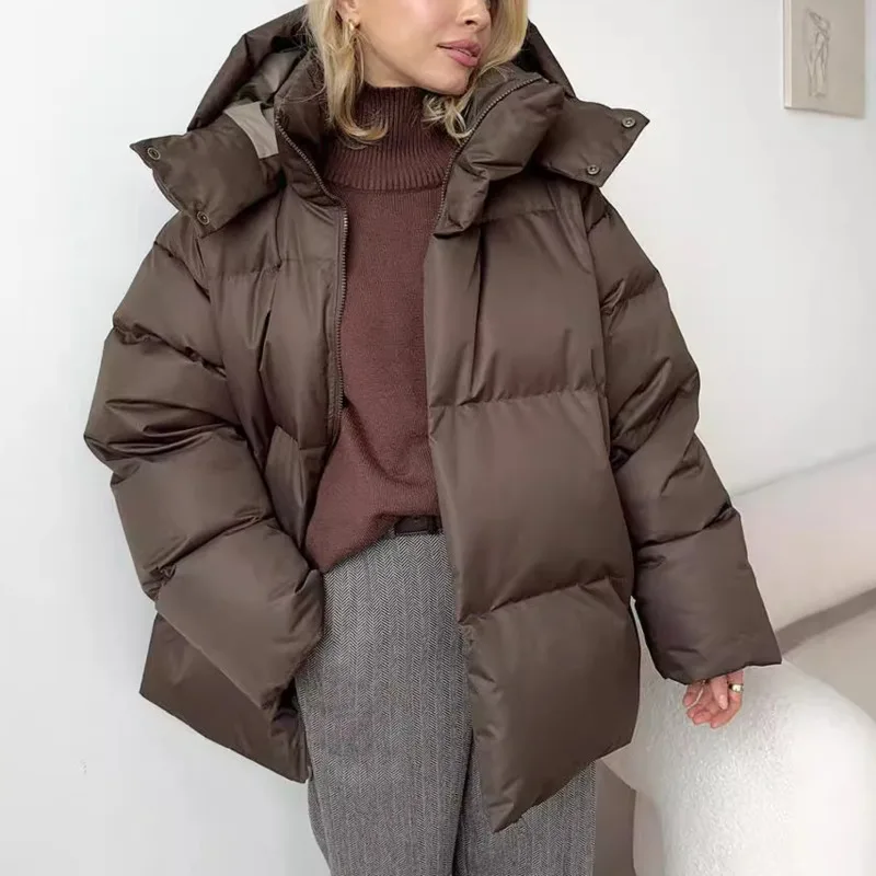 HKSH Winter New Women Padded Jacket Solid Color Hooded Zipper Minimalism Style Elegant Temperament High Street Warm Coat HK11220