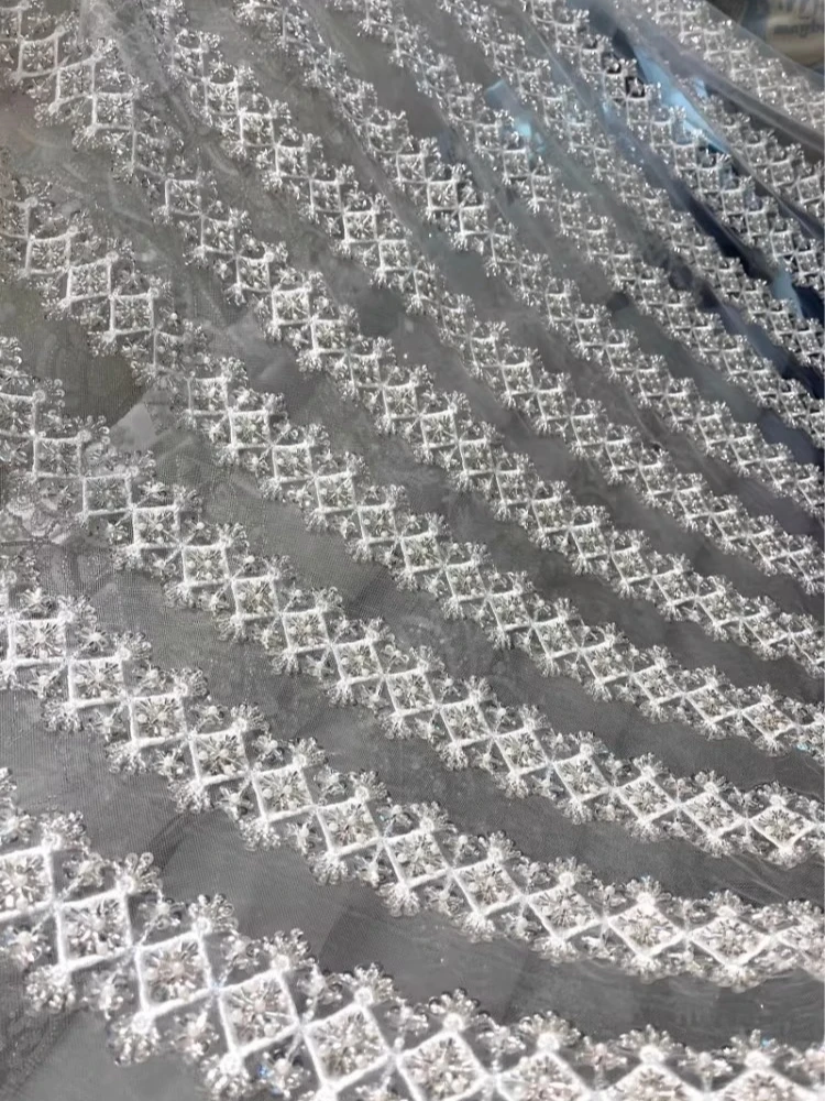 

Pearl glitter nail bead embroidery lace mesh fabric for wedding dress designer style cloth diy by the meter sewing material