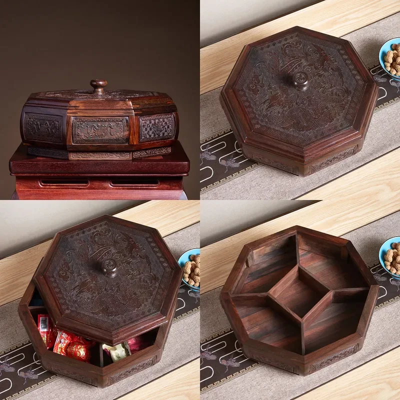 For Chinese Solid Wood Dried Fruit Box Large 5 Grids Snack Candy Plate with Lid Lao Big Red Rosewood Mahogany Furniture Home