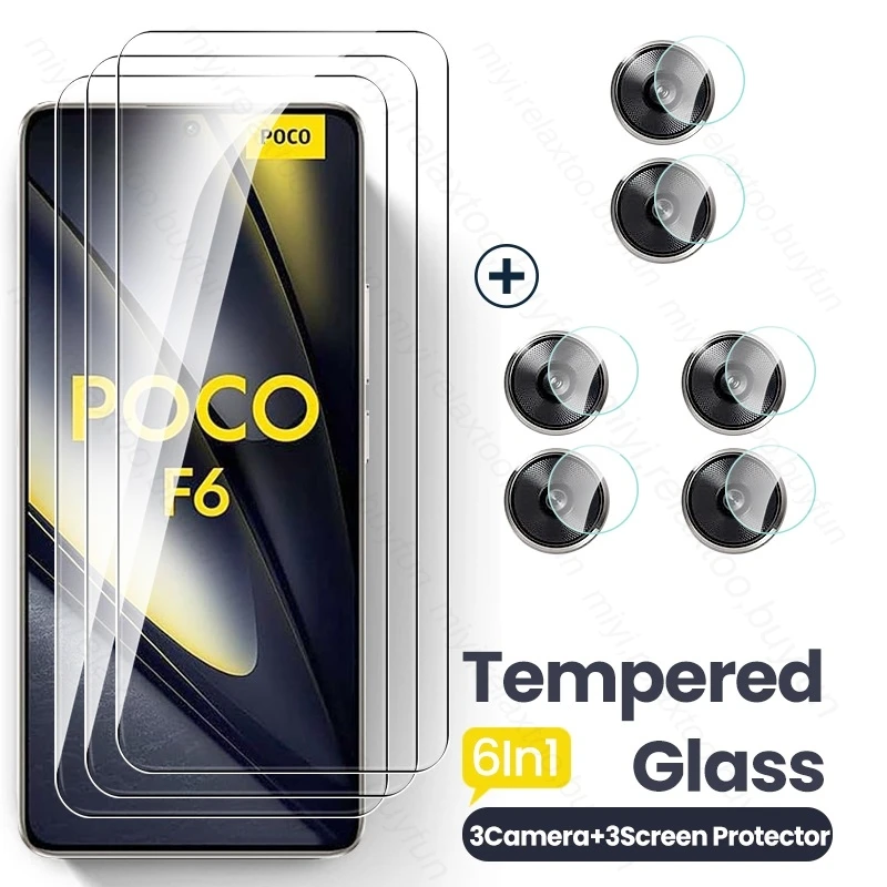 6In1 PocoF6 kaca untuk Poco F6 5G pelindung layar lensa kamera Poko kecil F 6 F6Pro 2024,, Pocof6pro 6.67 inci