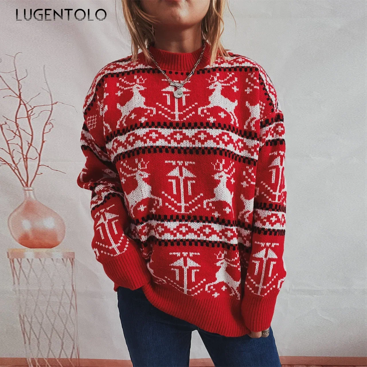 

Women Christmas Elk Sweaters New Year Autumn Winter Lady Knitted Red Casual Loose Pullover O-neck Clothing Lugentolo