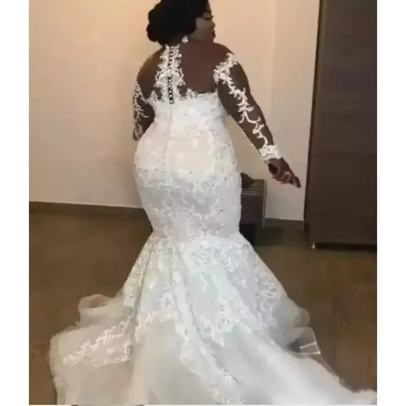 Suknie ślubne syreny plus size na zamówienie, z odkrytymi ramionami, przezroczystymi długimi rękawami, tiulowe suknie ślubne z trenem zamiatającym, vestidos ślubne