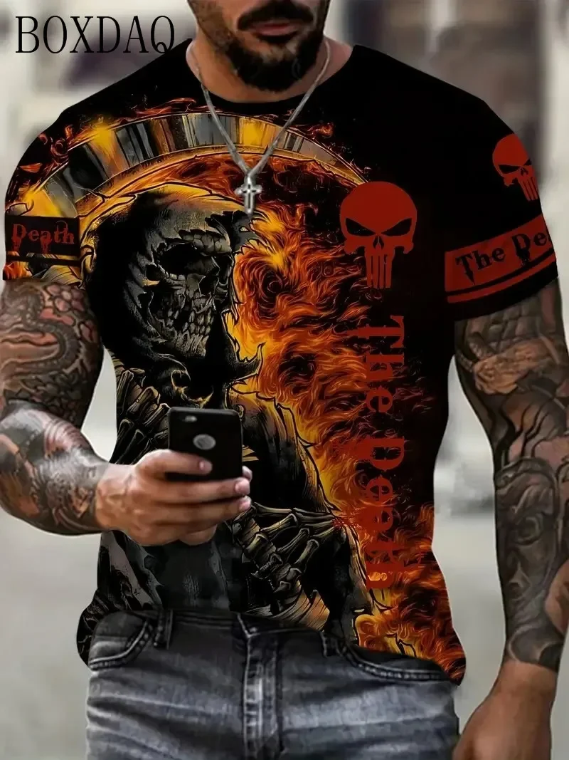 Men's Horror Death Skull Short Sleeve T-Shirt, 3D Print, Street of Terror, Hip Hop T-shirt, Round Neck, Casual, Summer, Y-Clothi