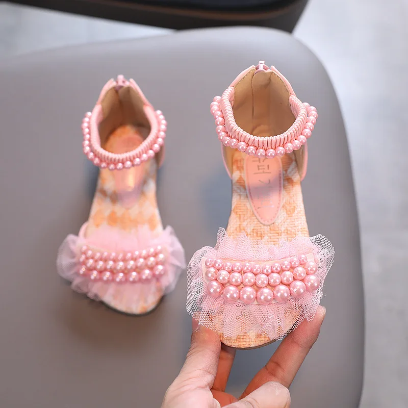 Girls Sandals Summer Fashion Pearl Lace Princess Shoes Flat Heels Kids Beach Sandals Baby Girl Shoes