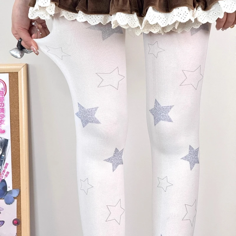 Japanese Design Lolita Girl Sweet Five-Pointed Star Velvet Women's Socks 2025 Spring Autumn New White Bottoming Tights Ladies
