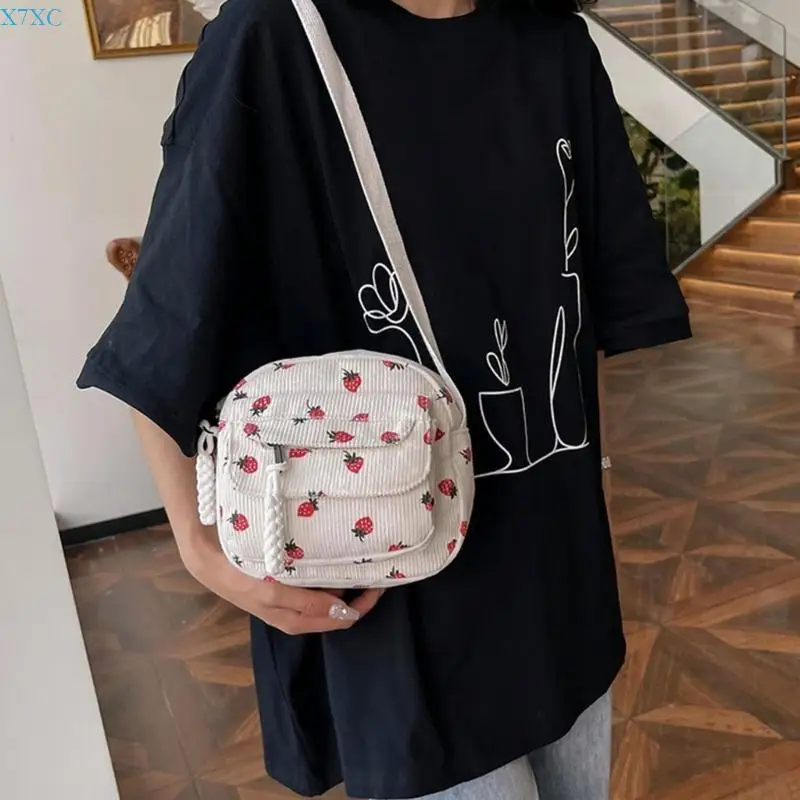 

X7XC Japanese Harajuku Corduroy Shoulder Bag for Women Girls Small Zippered Crossbody Bag Purse with Strawberry Pattern