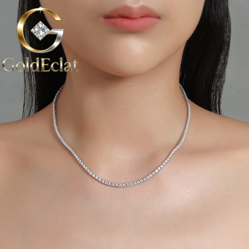 

GoldEclat Luxury Solid Platinum PT950 Women's 2mm Mosane Diamond Necklace Single Row Diamond Clavicle Chain