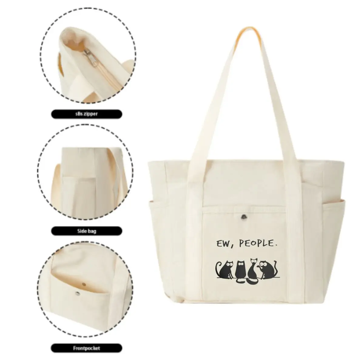 Ew، People Cat Humor Text حقيبة كتف قماشية كبيرة، حقيبة تسوق نسائية بسيطة