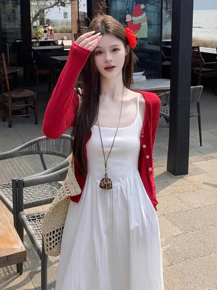 

Red Ice Silk Knitted Cardigan Women's Summer Thin Beachwear Strap Dr Outer Sun Protection awl Top ort Korean Sle Lon...