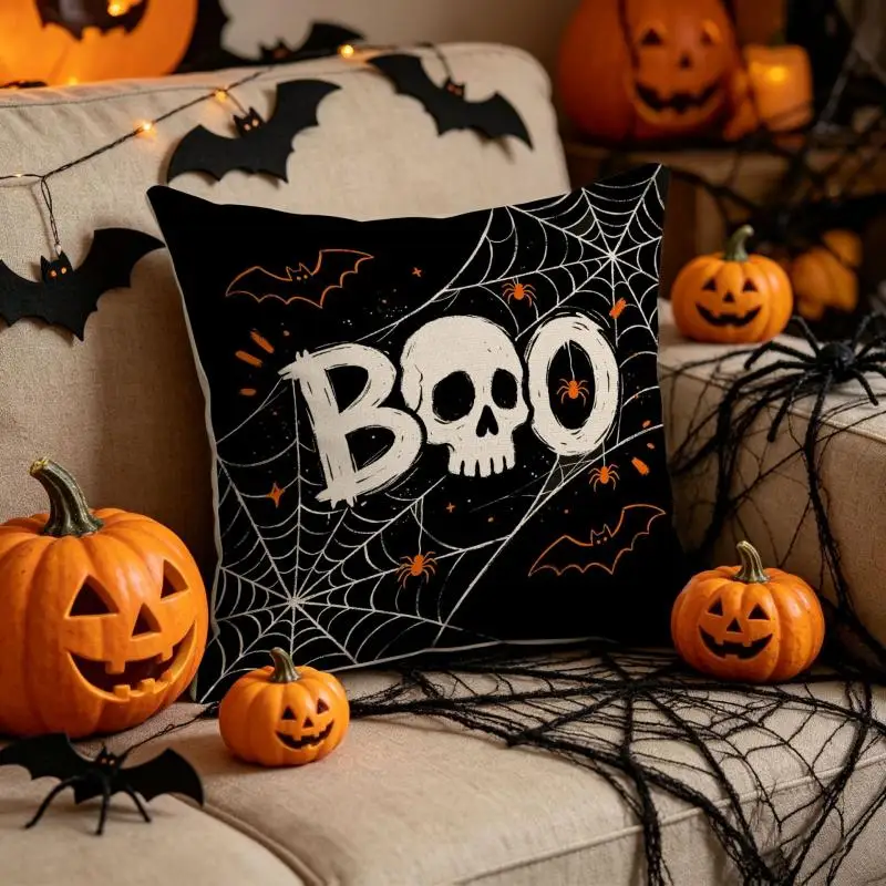 2 Stück Halloween-Kissenbezüge mit Aufdruck, gruselige Atmosphäre, Kissenhülle für Wohnzimmer, dekorative Sofakissenbezüge 45x45cm – Detail 8
